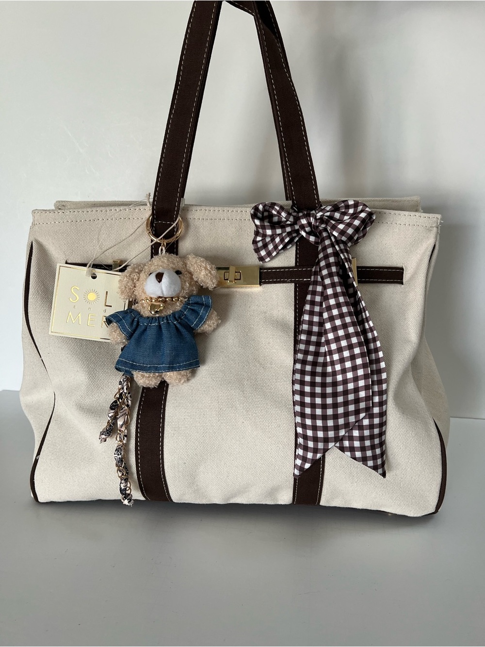 Sol and Mer Boatkin Canvas Brown Cream W/Charms Tote Bag NWT